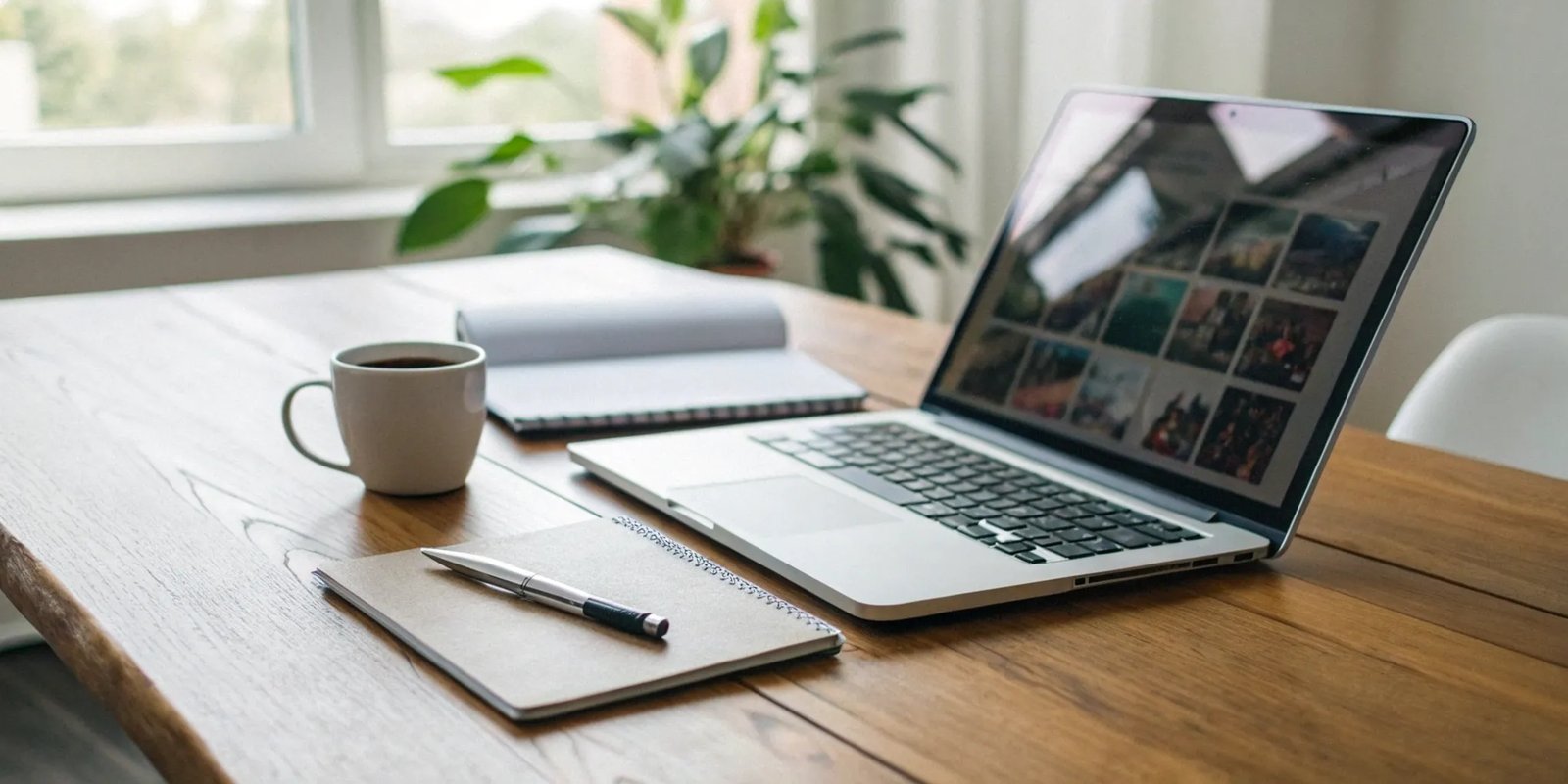 A laptop and notebook for planning a successful client engagement newsletter.
