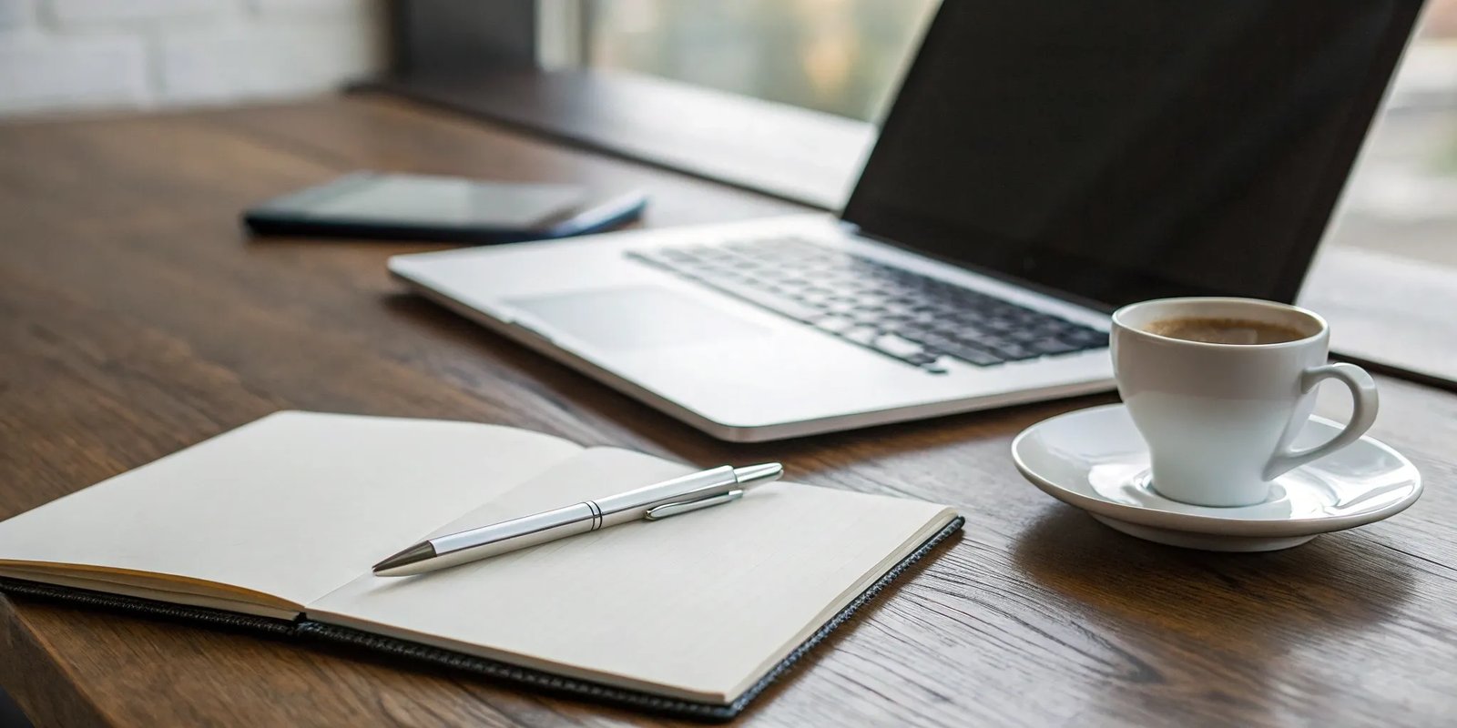 A laptop and notebook on a desk used for planning a corporate newsletter design.