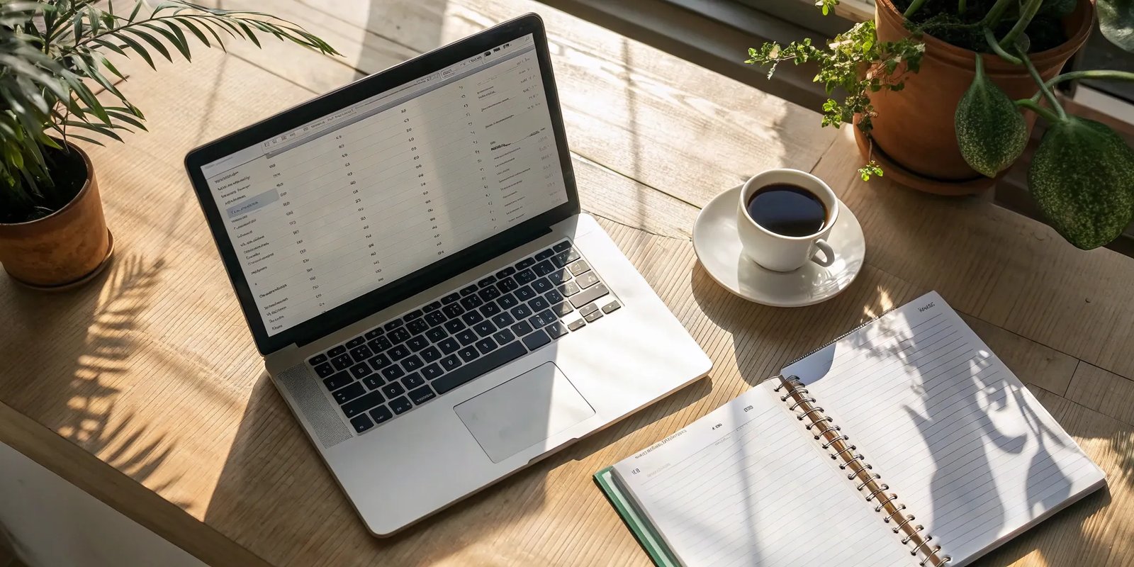 An organized desk with a laptop and notebook for how to scale newsletter production.